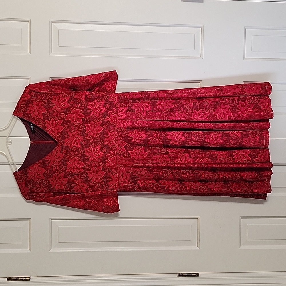 Noctflos womens red lace overlay midi dress leaf floral pattern sz xxl holiday